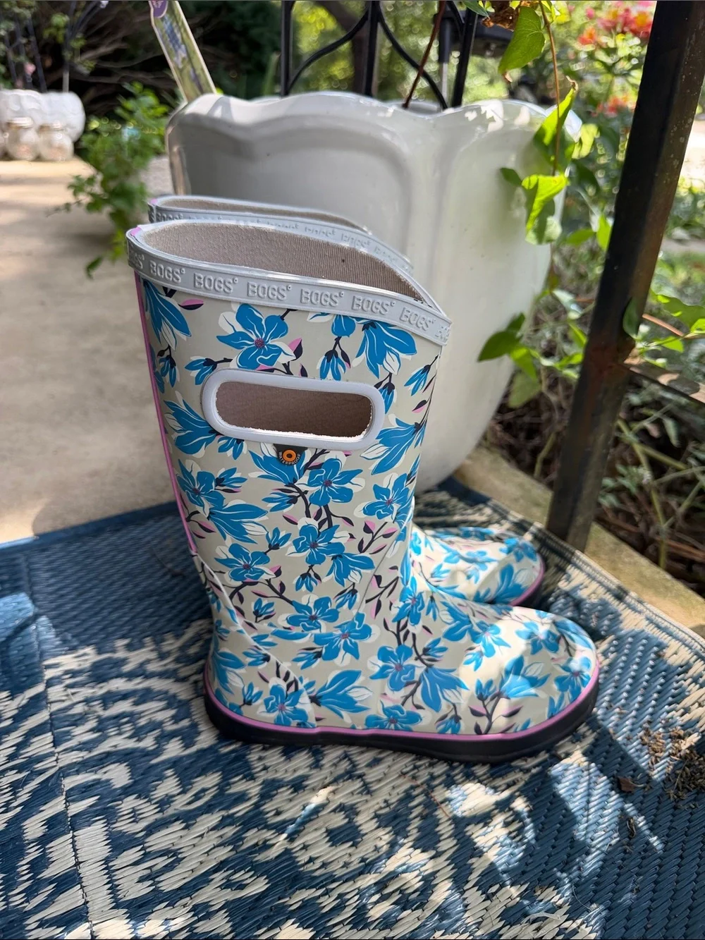 Bogs Youth Cream Floral Rain Boots with Blue Flowers